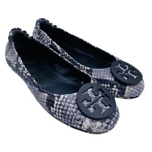 NEW Tory Burch Minnie Leather Black & White Snake Print Travel Ballet Flats 5.5